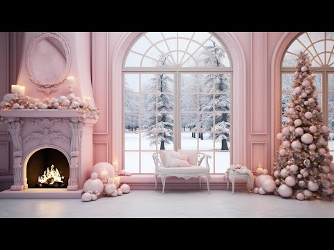 Pink Fireplace 💕🔥Pink Christmas 🎀🎄Snowing ❄️ Cackling Sounds Relax Study Peaceful