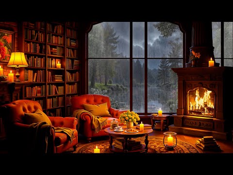 Cozy Reading Nook Ambience with Soft Jazz Music ⛈ Crackling Fireplace & Rain Sounds for Sleep, Relax