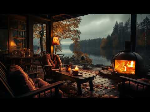 Cozy Porch Ambience by Lake | Soft Rain Sounds Falling and Crackling Fireplace for Sleep, Relaxation