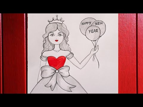 how to draw a princess//new year card drawing//happy new year drawing 2025//cómo dibujar Una reina