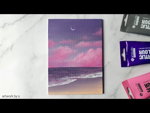 Purple Seascape | Easy Acrylic Painting Tutorial for Beginners Step by Step | Mini Canvas Painting