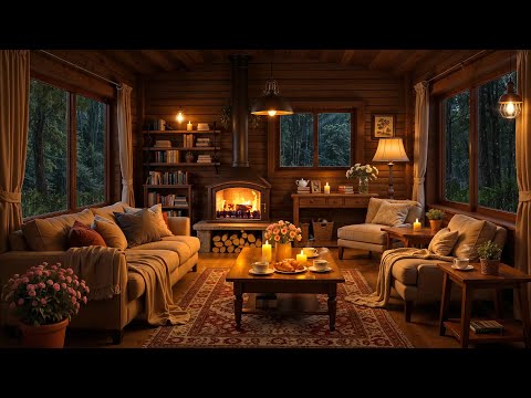 Cozy Cabin Ambience 🌧️ Soothing Jazz with Fireplace Sounds to Relax, Work and Study on a Rainy Day