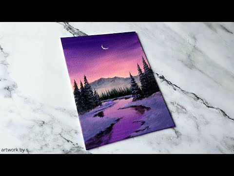 Purple Sky Scenery Painting / Easy Acrylic Painting Ideas for Beginners / Mini Canvas Painting