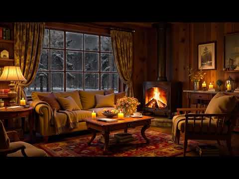 Cozy Cabin Ambience ❄️️️ Smooth Winter Jazz & Crackling Fireplace, Snowstorm Sounds to Unwind