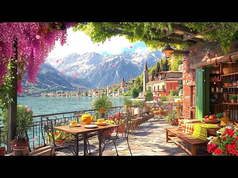 4K Cozy Spring Coffee Shop with a Lakeside Morning View | Smooth Jazz Music for Relaxing, Chilling