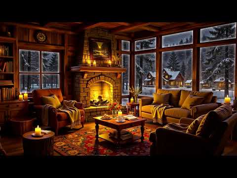 Cozy Winter Cottage Ambience ❄ Warm Jazz, Blizzard, Wind & Fireplace Sounds for Relax, Study, Sleep