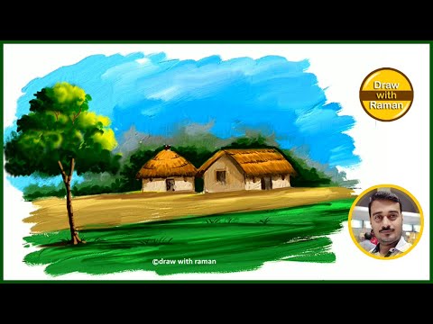 How to draw simple scenery for beginners / Village scenery drawing tutorial in hindi