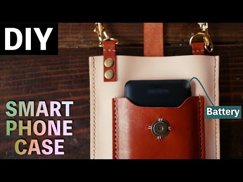 【レザークラフト#4】初心者が本革で作る！スマホケース！Smartphone Case with mobile battery