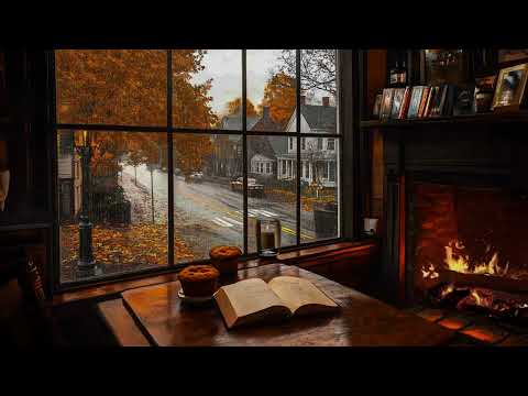 Cozy Autumn Room with Smooth Piano Jazz Music & Rain, Fireplace Sounds for Relaxing, Studying