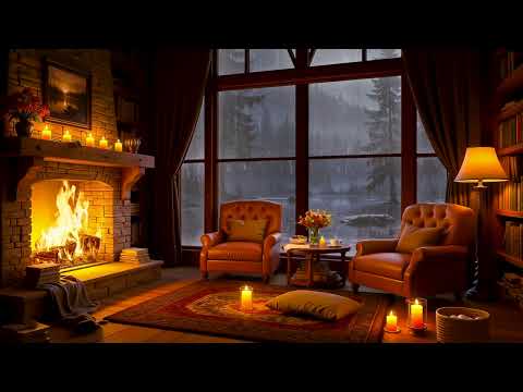 Cozy Room Ambience 🔥 Smooth Jazz, Crackling Fireplace & Rain Sounds on Window for Relaxation, Study