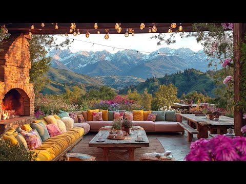 Jazz Relaxing Music | Spring Coffee Shop in Mountains | Jazz Music with Fireplace Sounds