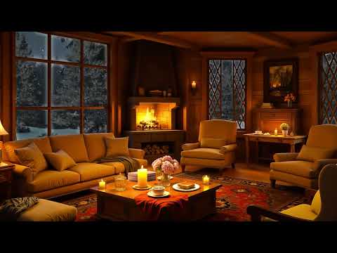 Soft Jazz in Cozy Winter Room Ambience ❄️ Snowstorm, Fireplace Sounds & White Noise for Relaxation