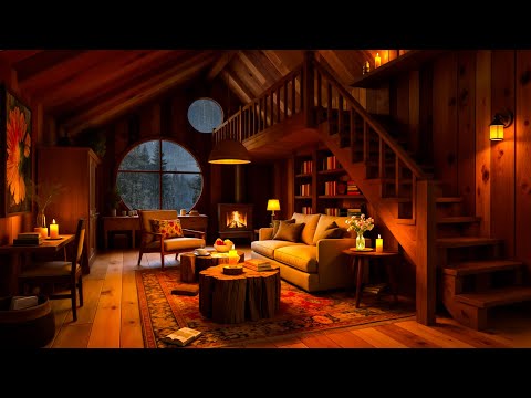 Rainy Night in a Cozy Hut 🔥 Soft Jazz, Crackling Fireplace & Rain Sounds for Sleep & Relaxation