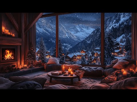 A Cozy Winter Night | Snow Gently Falling Outside and the Warmth of Firelight Indoors