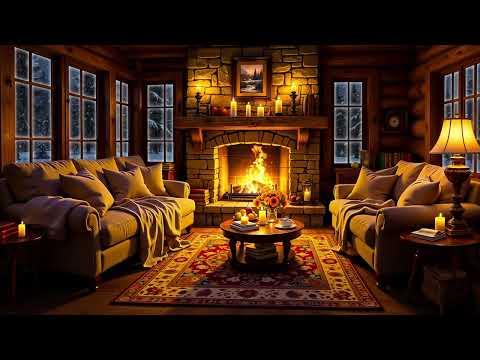 Cozy Winter Room Ambience ❄ Smooth Jazz, Snowstorm, Fireplace Sounds & White Noise for Relaxation