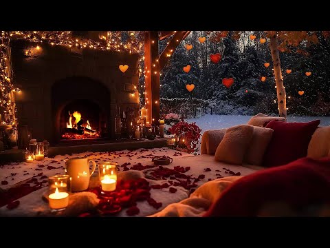 Romantic Winter Porch ❤️ Smooth Jazz, Snowfall & Cozy Fireplace Ambience