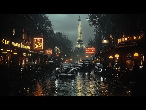 Cozy Parisian Rainy Night 🎶 Swing Jazz Music, Vintage Cars & City Lights Atmosphere from 1950s Era