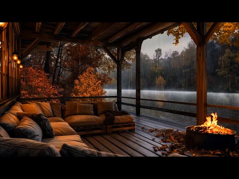 Autumn Porch By The Lake Ambience with Fire Pit and Rain Sound🍂Relaxing Sound To Sleep, Work, Relax