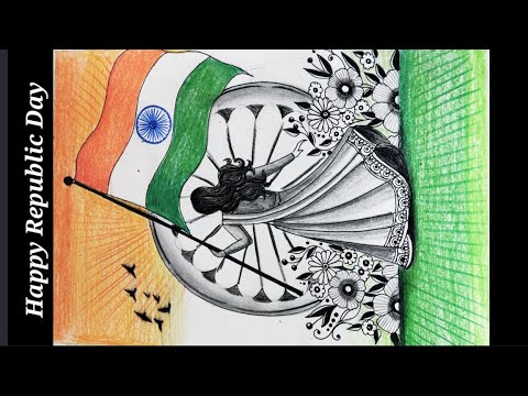 How to draw a beautiful poster for Republic day of women holding Indian flag 🇮🇳🇮🇳