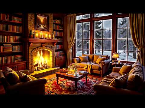 Winter Day in Cozy Reading Nook ❄️ Warm Jazz, Snowfall & Crackling Fireplace for Relaxation, Study