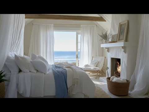 Cozy Oceanfront Bedroom Ambience | ASMR Fireplace Crackling & Ocean Wave Sounds