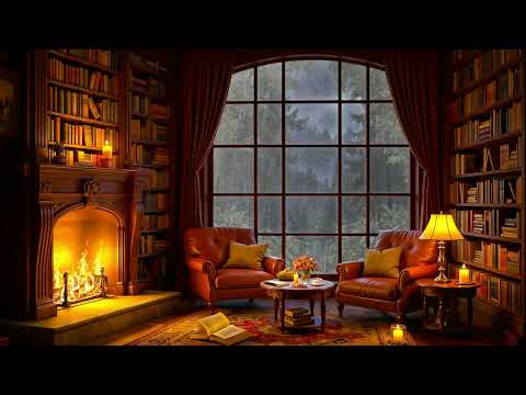 Cozy Reading Nook Ambience 🔥 Soft Jazz Music, Heavy Rain & Fireplace Sounds for Sleeping, Relaxation