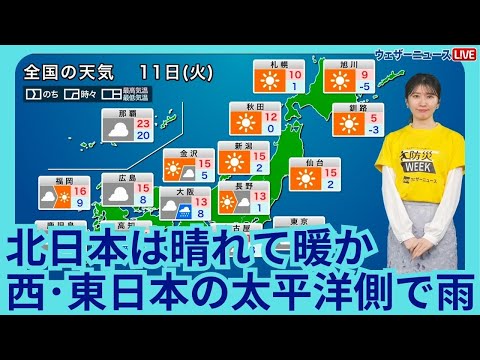 3月11日(火)の天気予報　西日本、東日本の太平洋側で雨　北日本は晴れて暖か