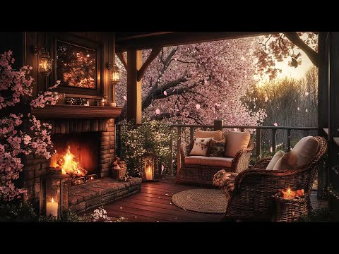 Cherry Blossom Porch Retreat 🌸 Smooth Jazz, Crackling Fire & Petals in the Breeze