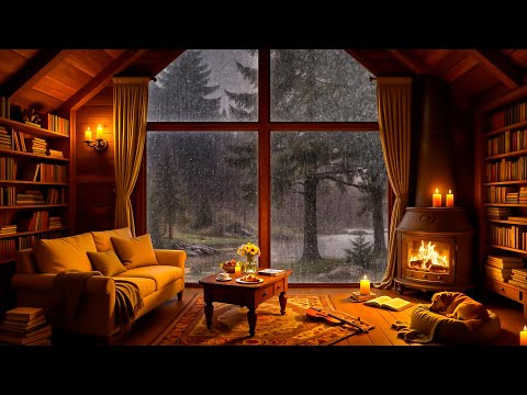 Cozy Reading Nook Ambience ⛈️ Smooth Jazz Music 🔥 Heavy Rain & Fireplace Sounds for Study, Sleep