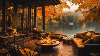 Fall Porch Ambience 🍂 Relaxing Autumn Morning Jazz Music with Rain Sounds & Fireplace to Study, Work