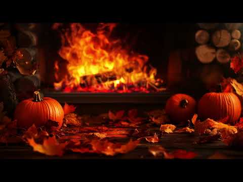 Cozy Fall Ambience 🍁Fireplace Burning Cackling Sounds Piano Music Soothing Calming Relaxing