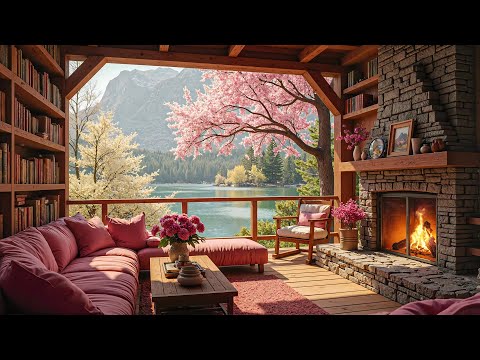 Cozy Spring Ambience 🌺 Smooth Jazz & Crackling Fire Sounds for Study & Work