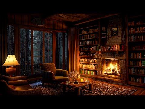 Cozy Reading Nook Ambience 🛖 Soft Jazz with Crackling Fireplace and Rain Sounds For Sleeping