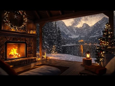 Cozy Winter Lakeside with Warm Fireplace and Snow Fall Outside - Sleep, Study, Work