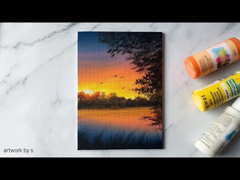 How to Draw a Sunset Lake | Easy Acrylic Painting Tutorial for Beginners | Mini Canvas Painting