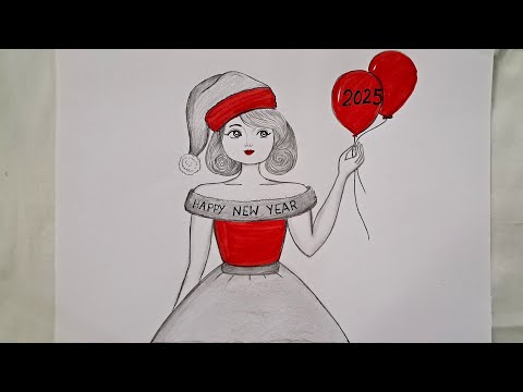 how to draw a girl//happy new year 2025 drawing//easy happy new year card drawing//cute princess