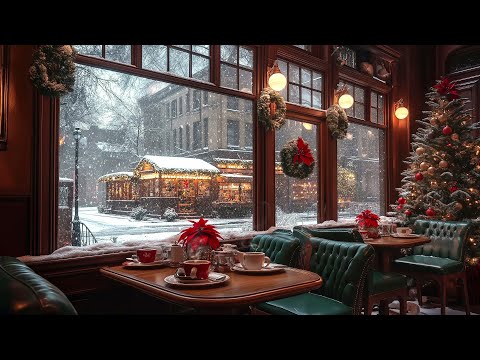 Christmas Time By Window - Coffee Shop Ambience with Relaxing Jazz Music and Snowfall on Window