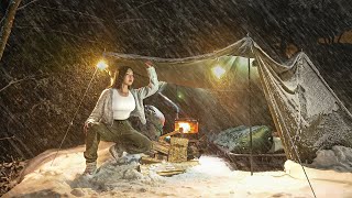 SNOWSTORM CAMPING WITH WOOD STOVE IN A HOT TENT❄️ CAMPING ASMR .