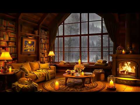 Relaxing Jazz in Cozy Cabin Ambience ⛈ Crackling Fireplace & Heavy Rain Sounds for Study, Deep Sleep