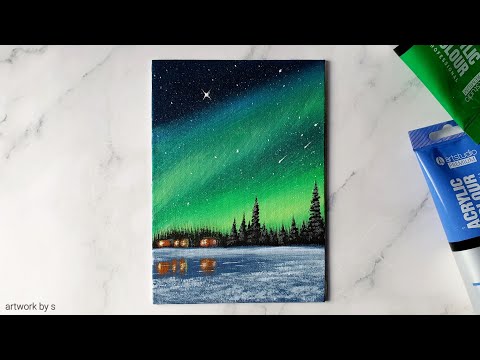 Easy Way to Draw The Northern Lights / Acrylic Painting Tutorial for Beginners/ Mini Canvas Painting