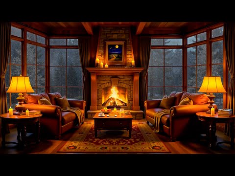 Cozy Cabin Ambience on a Rainy Day ⛈ Warm Jazz, Crackling Fireplace & Rain Sounds for Sleep, Relax