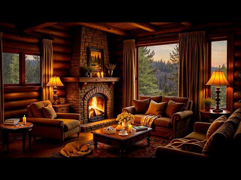 Cozy Log Cabin Ambience in the Woods 🌧️ Smooth Jazz, Crackling Fireplace & Rain Sounds for Relaxing