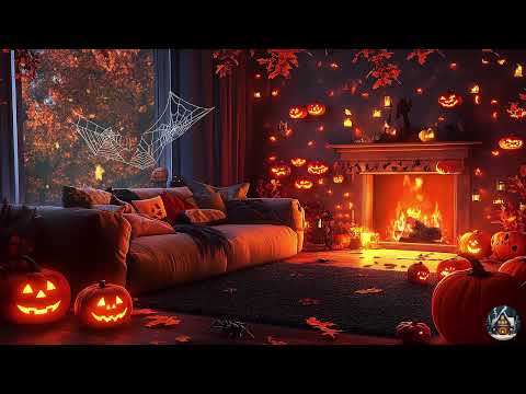 Fall Jazz Playlist With Halloween Atmosphere🍂 Glowing Pumpkins, Rain, And Fireplace Sounds Help