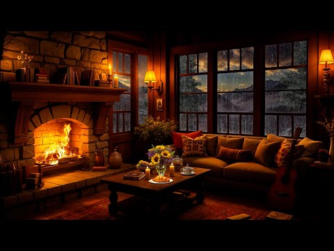 Cozy Room Ambience ~ Warm Jazz Music 🔥 Crackling Fireplace & Soft Rain Sounds for Sleeping, Relaxing