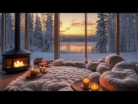 Snowy Night Retreat ❄️ Warm Cabin Ambience with Crackling Fire & Soft Jazz