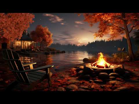 Cozy Lakeside House | Relaxing Fireplace & Sound of Nature For Deep Sleep, Relax | Sunset Ambience