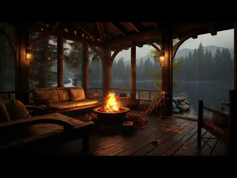 Lakeside Cozy Porch Ambience | Crackling Fire and Rain Sounds for Sleeping, Relaxing, Meditation