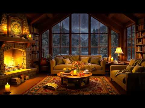 Smooth Jazz in Cozy Hut Ambience ⛈ Gentle Night Rain & Fireplace Sounds for Relax, Study, Deep Sleep