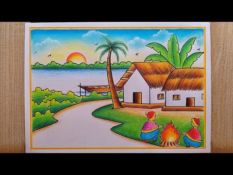 How to draw easy Village scenery drawing| Winter Season Scenery drawing| Winter Landscape Scenery