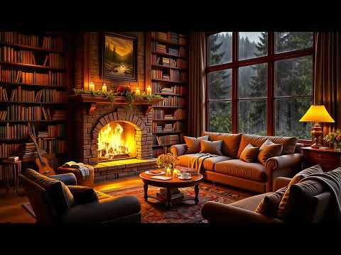 Cozy Reading Nook Ambience 🔥 Soft Jazz with Crackling Fireplace & Rain Sounds for Sleeping, Relaxing